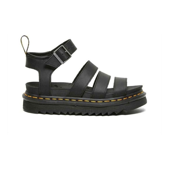 Dr. Martens Black Leather Strappy Platform Sandals with Yellow Stitching - Picture 3 of 6